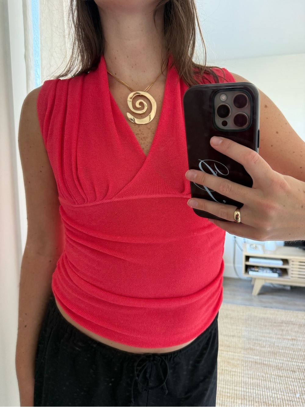 Sleeveless Surplice Ribbed Tank Top - Coral Pink
